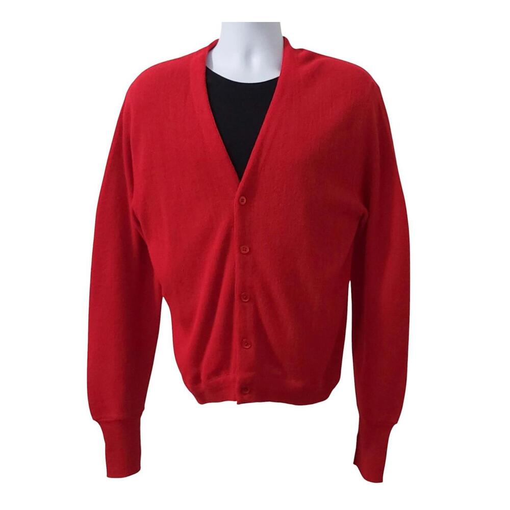 Lord Jeff Mens Cardigan Size Large Red Vtg Grandpa Core Sweater DuPont Orlon